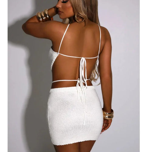 Load image into Gallery viewer, Sexy Knitted Women Two Piece Set Hanging Collar Backless Vest CropTop Slim Fit Mini Skirt Set Charming Beach Party Suit
