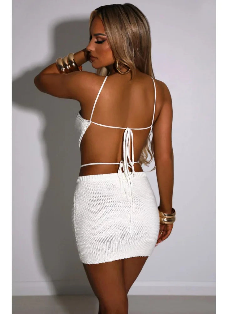 Sexy Knitted Women Two Piece Set Hanging Collar Backless Vest CropTop Slim Fit Mini Skirt Set Charming Beach Party Suit
