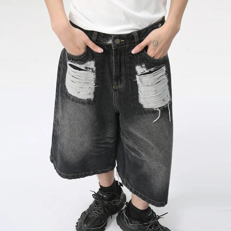 High Street Men's Washed Jeans Summer New Fashion Cat Whiskers Design Male Denim Shorts Calf-Length Pants Straight 9C5982