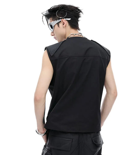 Spliced PU Leather Tank Top Shoulder Sleeveless Vest Solid Color Metal Buckle Decoration Male Tops Summer 24X9226