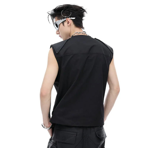 Load image into Gallery viewer, Spliced PU Leather Tank Top Shoulder Sleeveless Vest Solid Color Metal Buckle Decoration Male Tops Summer 24X9226
