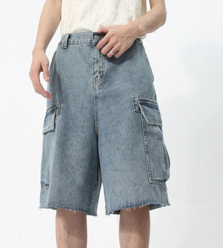 Men's Denim Shorts Knee Length Casual Zipper Loose Male Jeans New Korean Style Big Pocket Design Washed Overalls 9C5738
