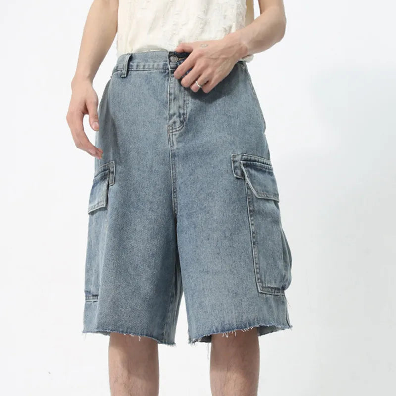 Men's Denim Shorts Knee Length Casual Zipper Loose Male Jeans New Korean Style Big Pocket Design Washed Overalls 9C5738