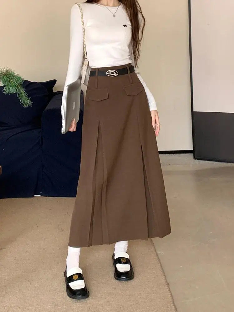 Korean Vintage Brown High Waist Slim Suit Pleated Skirts Women 2023 Spring Autumn Black With Belt A Line Party Long Skirt Casual