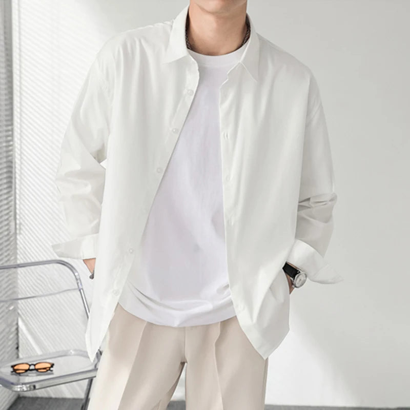 Korean Style Men's Shirts Loose Shoulder Solid Color Trendy Long Sleeved Design Single Breasted Lapel Male Tees 9W1870
