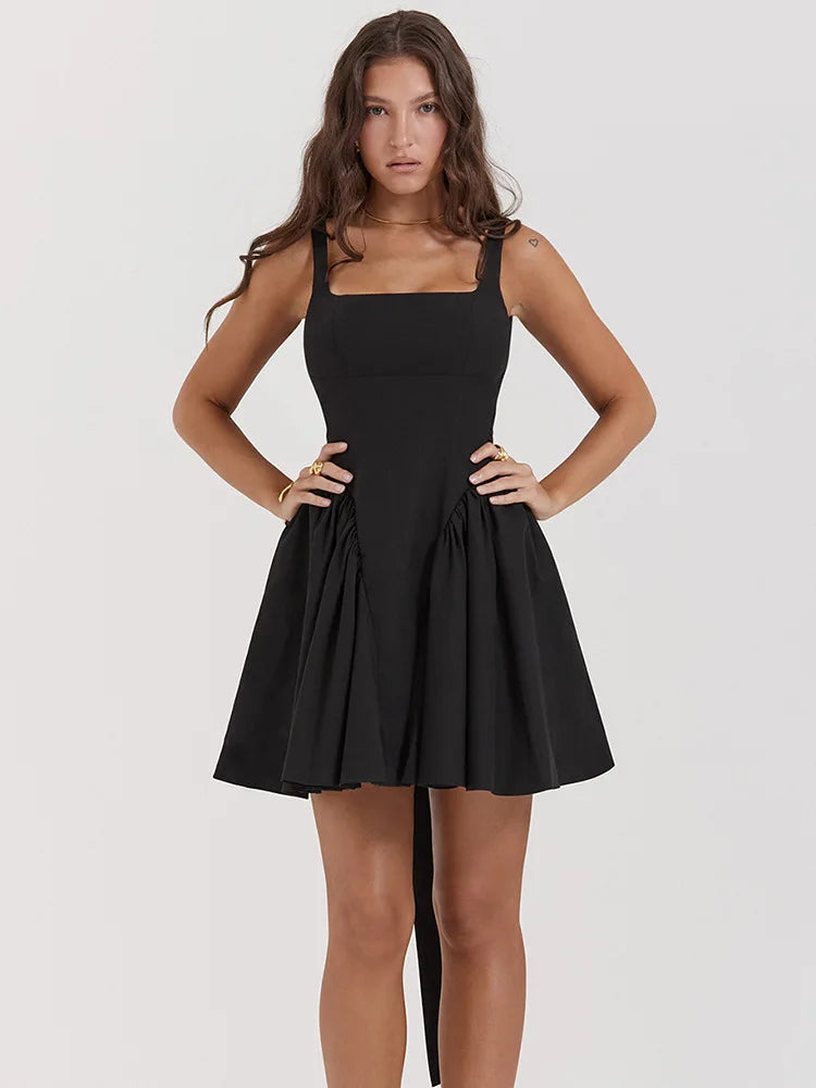 Elegant Backless Bow Mini Dress For Women 2023 Autumn New Square Collar Sleeveless Ruffles Sexy Dress Vintage Fashion