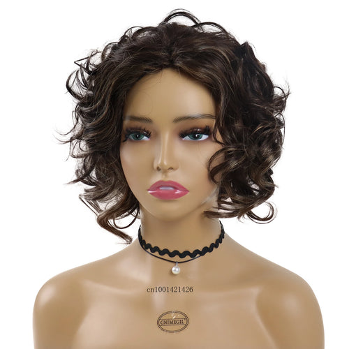 Load image into Gallery viewer, Short Curly Wigs for Women Synthetic Fiber Casual Hairstyles Mix Brown Wig with Bangs Natural Hair Replacement Wigs Highlights
