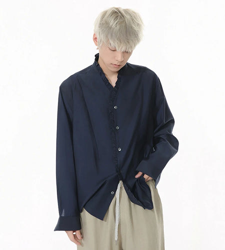 Niche Design Men's Shirts Pleated Lacework Design Solid Color Casual Tops Long Sleeve Single Breasted Loose Menswear 9W1254