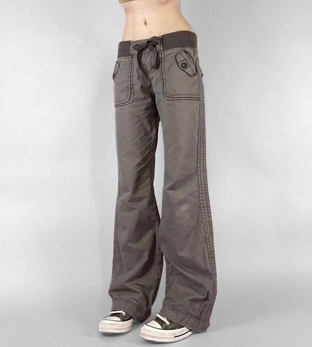 Vintage Low Drawstring Waist Jeans Women Contrast Patchwork Multi Pocket Denim Trousers Boot Cut Pants Y2K Aesthetic