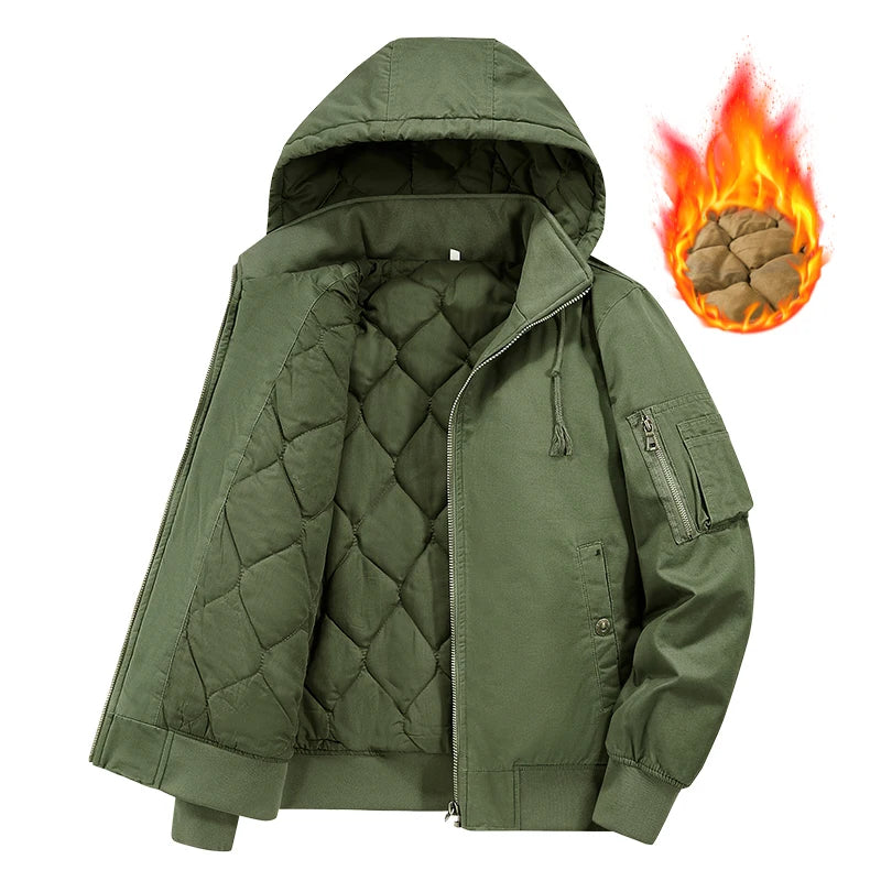 Mens Cotton Jacket Fur Collar Hooded Coat Winter Thicken Fleece Casual Jackets Multi-Pockets Tactical Jacket Parkas Windbreaker