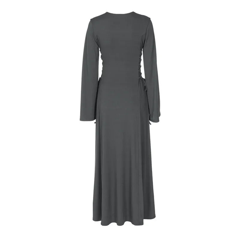 Ribbed Bandage Sexy Maxi Dress For Women Solid Lace-up O Neck Long Sleeve High Waist Elegant Long Dress Fashion