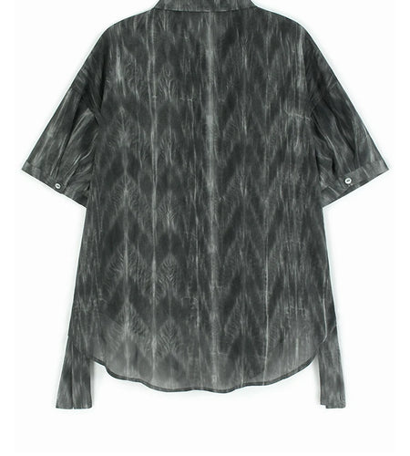 Women Dark Gray Tie Dye Ribbon Big Size Blouse New Lapel Short Sleeve Shirt Fashion Tide Spring Summer 2025 1DJ1047