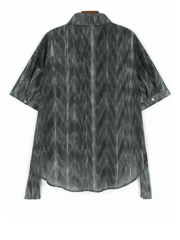 Women Dark Gray Tie Dye Ribbon Big Size Blouse New Lapel Short Sleeve Shirt Fashion Tide Spring Summer 2025 1DJ1047
