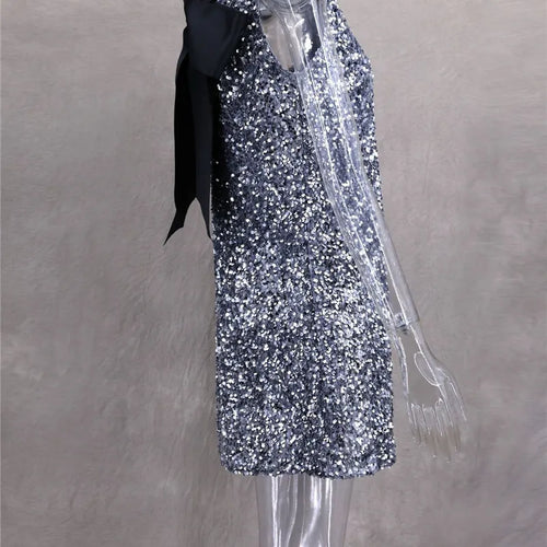 Load image into Gallery viewer, Sequins Backless Bow Sexy Mini Dress For Women Robe 2025 New Sleeveless A-line Sparkle Club Dress Elegant Vestido
