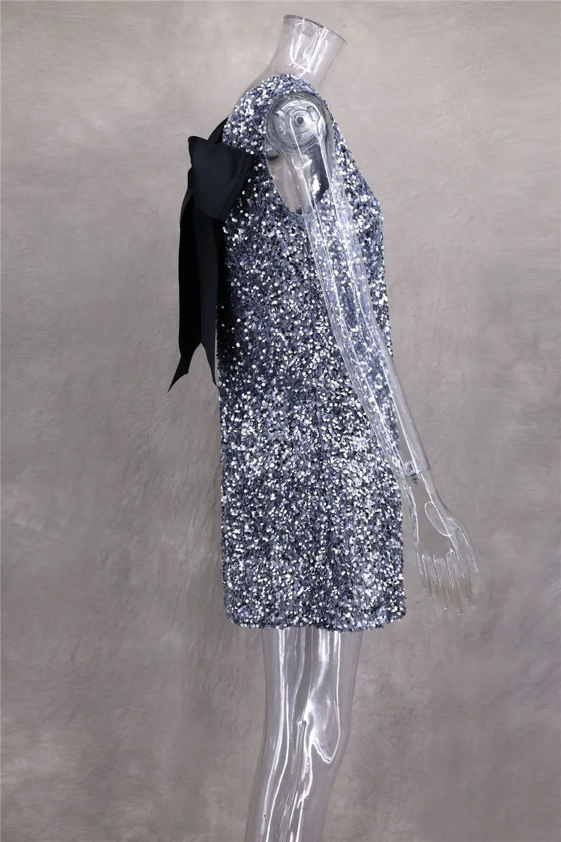 Sequins Backless Bow Sexy Mini Dress For Women Robe 2025 New Sleeveless A-line Sparkle Club Dress Elegant Vestido