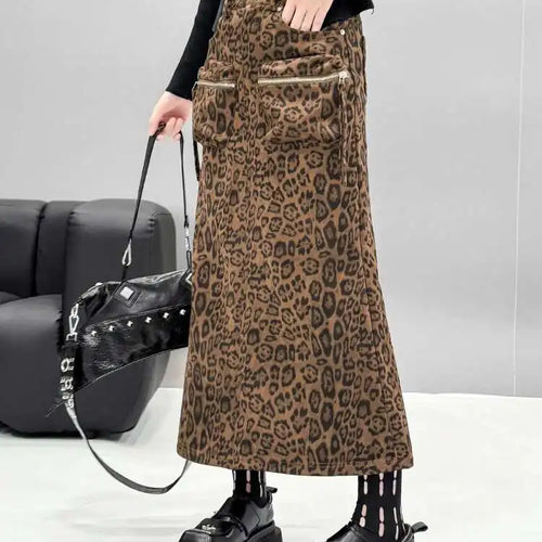 Load image into Gallery viewer, High Waist Leopard Print Pocket Shaped Long Straight Half-body Skirt Women Fashion Tide New Spring Autumn 2025 1DH8336
