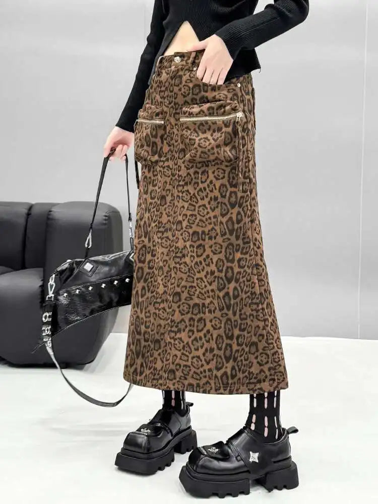 High Waist Leopard Print Pocket Shaped Long Straight Half-body Skirt Women Fashion Tide New Spring Autumn 2025 1DH8336