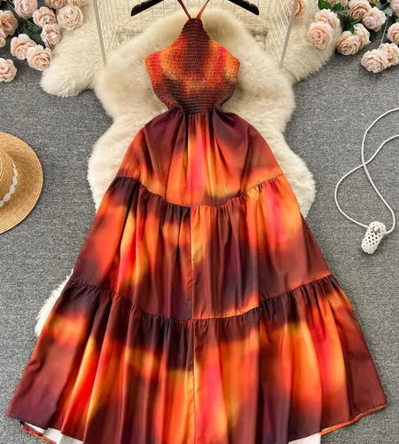 Orange Colorblock Halter Lace-up Backless Pleated Long Dresses Woman Elegant Holiday Sexy Club Party Dress Summer Fashion French