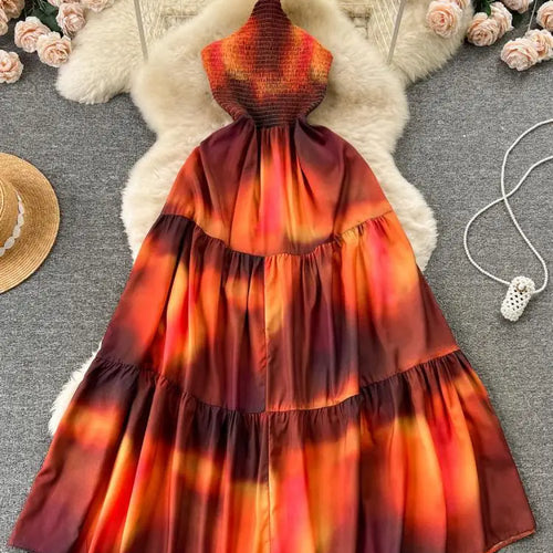 Load image into Gallery viewer, Orange Colorblock Halter Lace-up Backless Pleated Long Dresses Woman Elegant Holiday Sexy Club Party Dress Summer Fashion French
