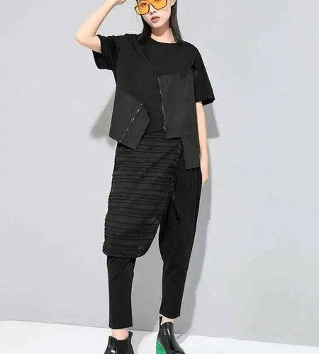 Women White Irregular Zippper Casual Big Size T-shirt New Round Neck Short Sleeve Fashion Tide Spring Summer 2025 1DE8921