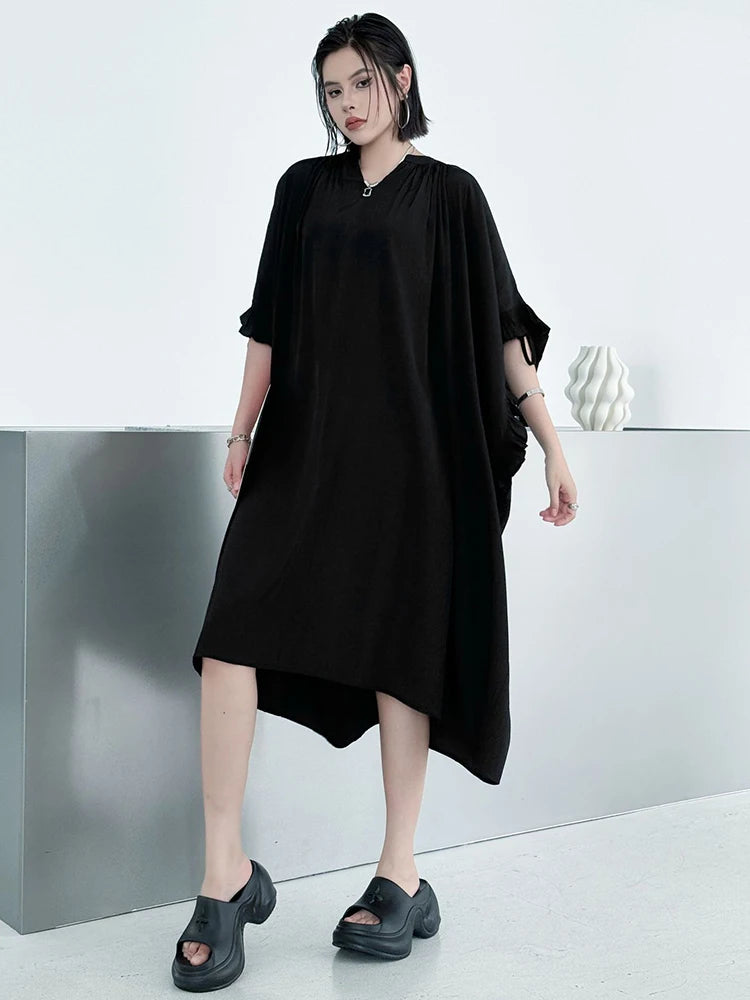 Women Black Bandage Ruffles Big Size Midi Dress New V-Neck Half Batwing Sleeve Fashion Tide Spring Autumn 2025 1DJ1044