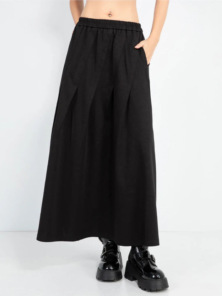 High Elastic Waist Black Brief Pleated Spliced A-line Half-body Skirt Women Fashion Tide New Spring Autumn 2025 1DJ0965