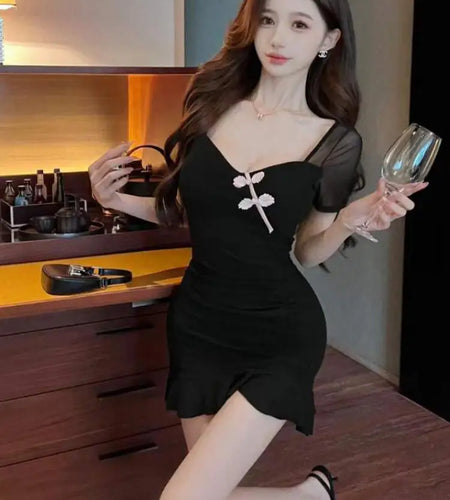 Vintage Summer Chinese Style Black Elegant Sexy Club Party Mini Dress Women Square Collar Short Sleeve Backless Slim Short Dress