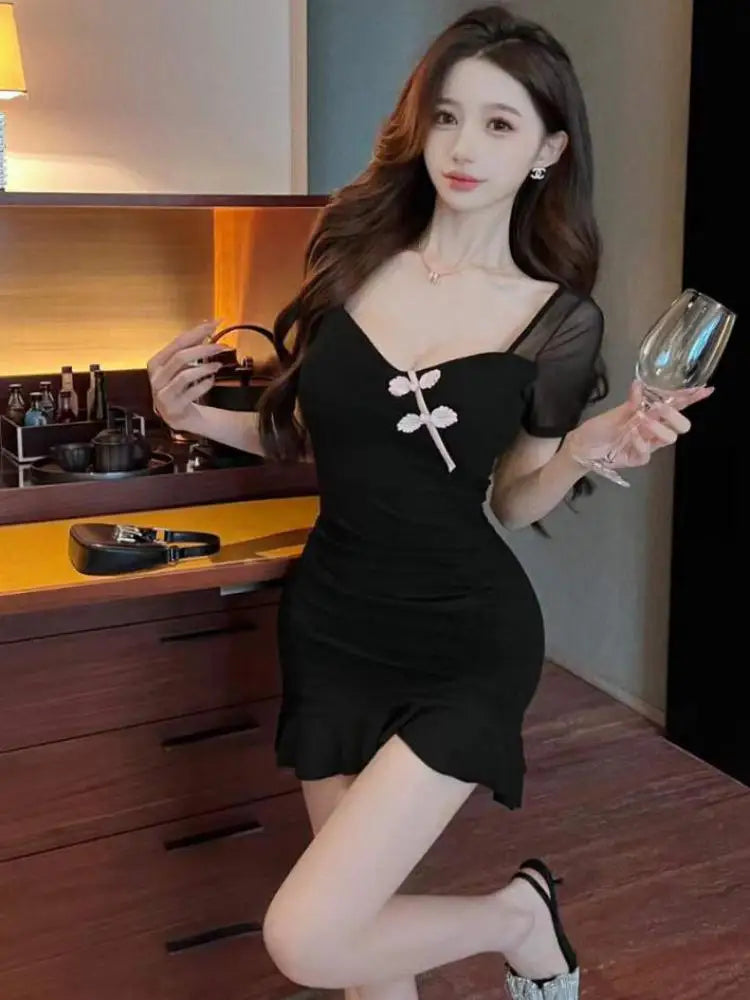 Vintage Summer Chinese Style Black Elegant Sexy Club Party Mini Dress Women Square Collar Short Sleeve Backless Slim Short Dress