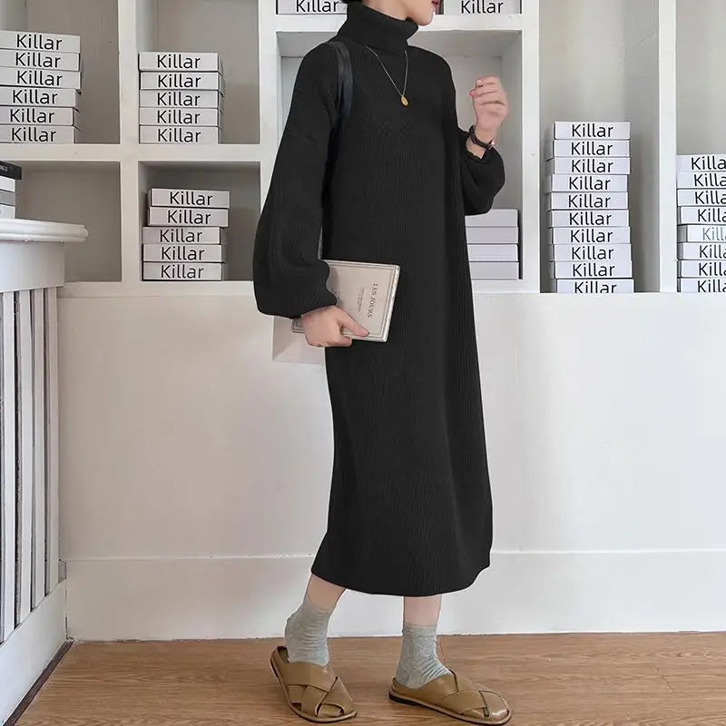 Fall Winter Knit Rib Wrap Midi Pencil Dress For Women Casual Simple Style Long Sleeve Turtleneck Sweater Dresses For Women 2023