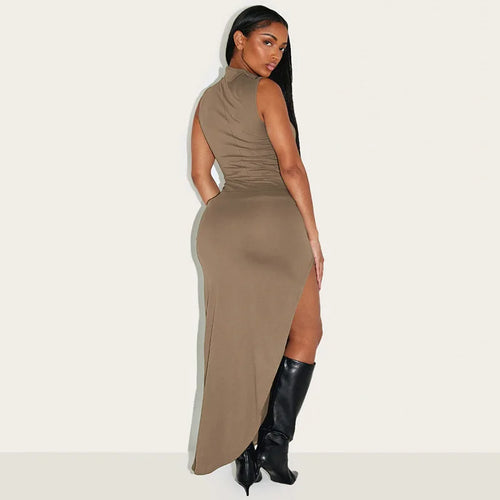 Load image into Gallery viewer, Summer Ruched Split Maxi Dress Women Gown Fashion Solid O Neck Sleeveless High Waist Tank Dress 2025 New Dresses
