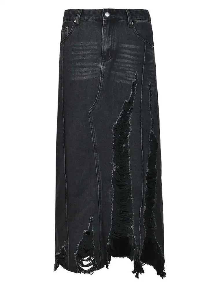High Waist Blue Denim Holes Irregular Burr Long Casual Half-body Skirt Women Fashion Tide New Spring Autumn 2025 1DF6983