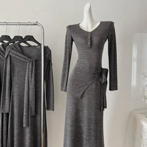 Load image into Gallery viewer, French Gray Elegant Fashion Knit Dresses Women Autumn Winter 2024 New Bandage Shawl And V-neck Button Long Sleeved Dress Casual
