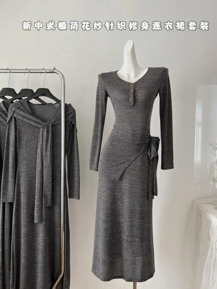 French Gray Elegant Fashion Knit Dresses Women Autumn Winter 2024 New Bandage Shawl And V-neck Button Long Sleeved Dress Casual