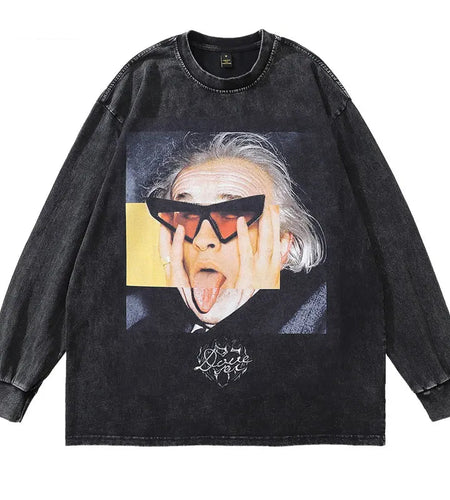 Vintage Oversized T-Shirt Men Funny Graphic Printed Washed Tshirt Streetwear Hip Hop Cotton Tees Harajuku Long Sleeve Tops Black