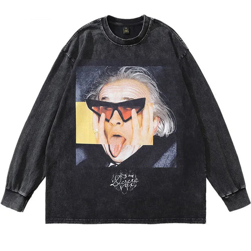 Vintage Oversized T-Shirt Men Funny Graphic Printed Washed Tshirt Streetwear Hip Hop Cotton Tees Harajuku Long Sleeve Tops Black