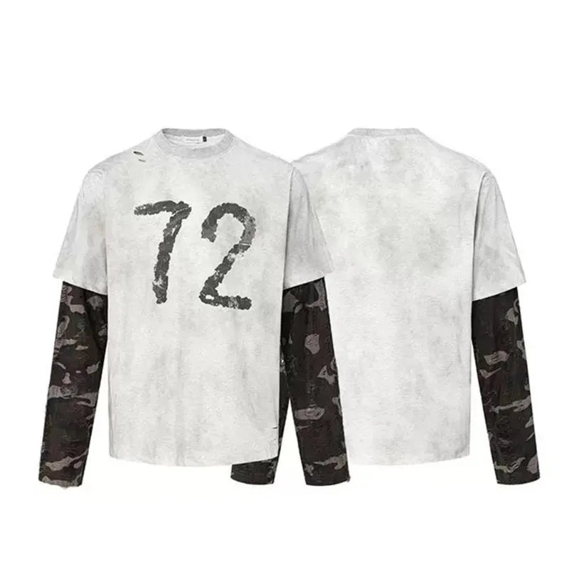 Men's Long Sleeve T-shirts American Digital Printing Fake Two-pieced Male Design Pullover Handsome Menwear 9W1471