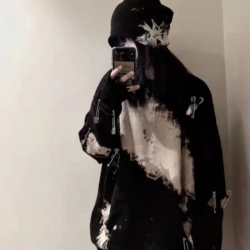 Load image into Gallery viewer, Tie Dye Pins Ripped Holes Knitting Sweaters Hip Hop Streetwear Pullover 2025 Harajuku Loose Black Tops Vintage Jumpers
