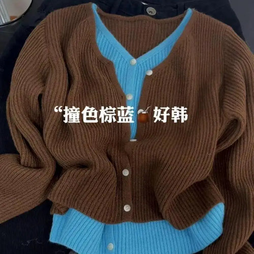 Load image into Gallery viewer, New 2024 Autumn Winter Women's Brown Blue Patchwork V Neck Cardigan Sweater Single Breasted Long Sleeve Fashion Versatile Tops
