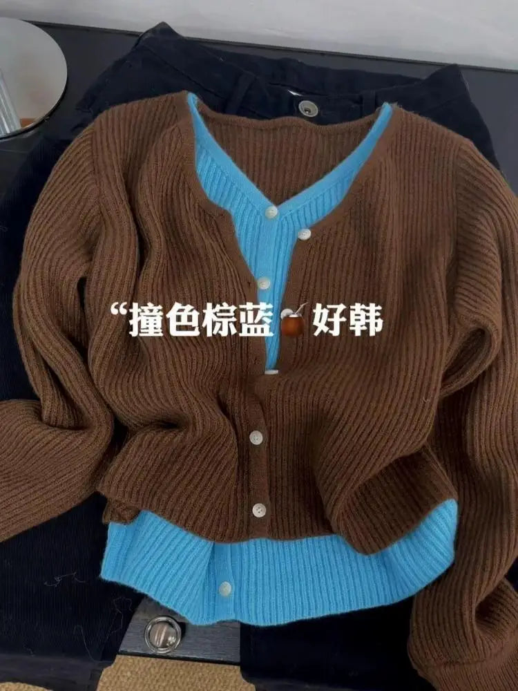 New 2024 Autumn Winter Women's Brown Blue Patchwork V Neck Cardigan Sweater Single Breasted Long Sleeve Fashion Versatile Tops