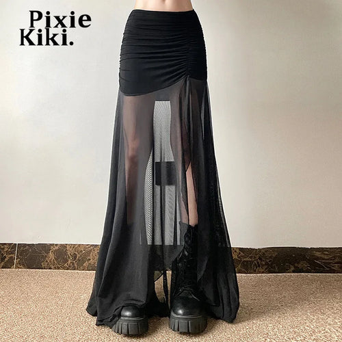 Load image into Gallery viewer, Street Fashion Patchwork Mesh Skirts for Women Sexy Black High Split Long Skirt Summer Y2k Clothing P94-CD22
