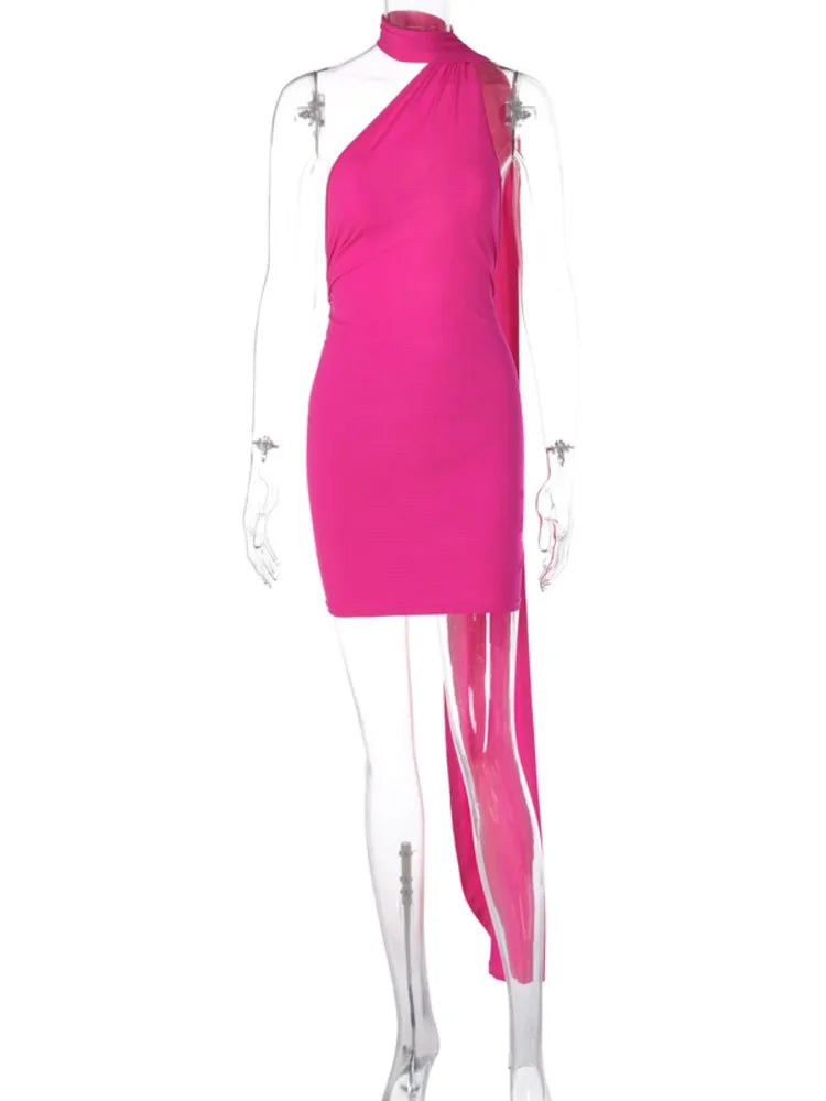 Backl Strap Halter Backless Sexy Mini Dress For Women New Fashion Metal Ring Sleeveless Pleated Bodycon Party Dress