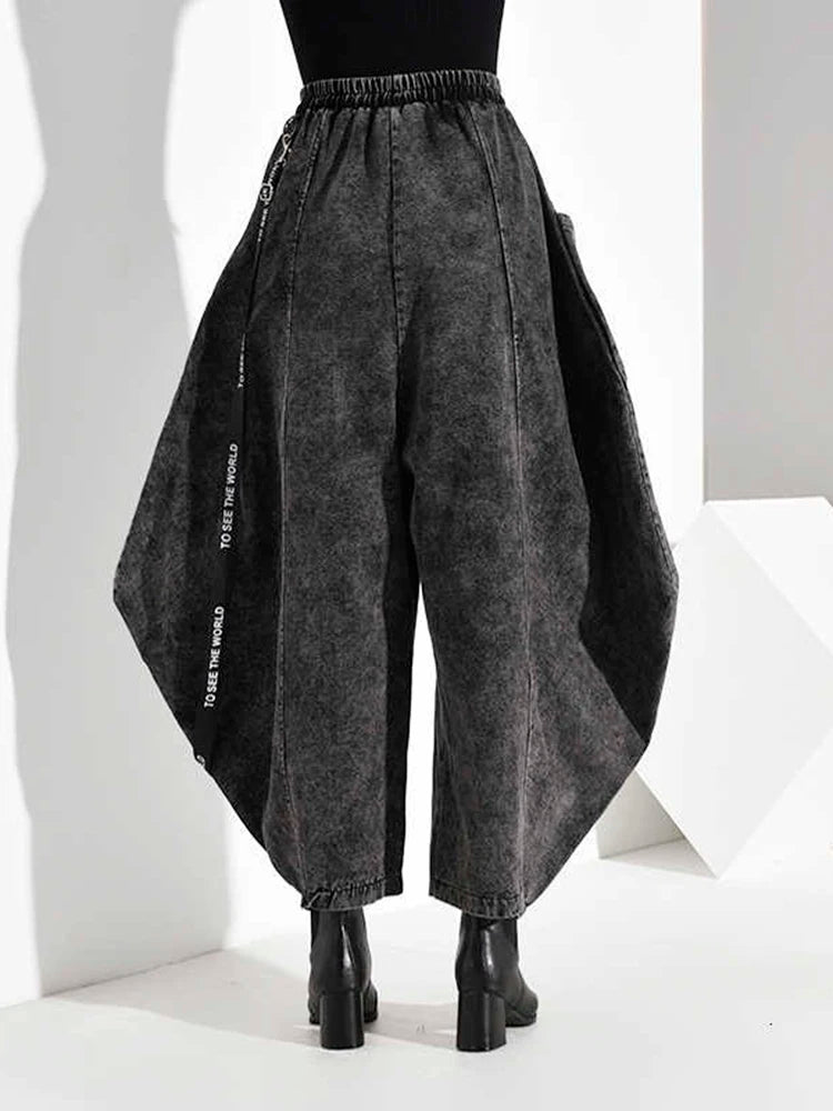 High Elastic Waist Pocket Split Long Denim Wide Leg Trousers New Loose Fit Pants Women Fashion Spring Autumn 2025 1D202