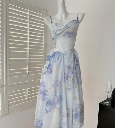 Summer French Blue Pink Flower Slim Backless Slip Long Dress Women Vintage Elegant Sexy Sleeveless High Waist Party Dress Ladies