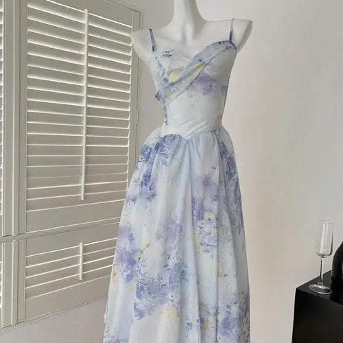 Load image into Gallery viewer, Summer French Blue Pink Flower Slim Backless Slip Long Dress Women Vintage Elegant Sexy Sleeveless High Waist Party Dress Ladies
