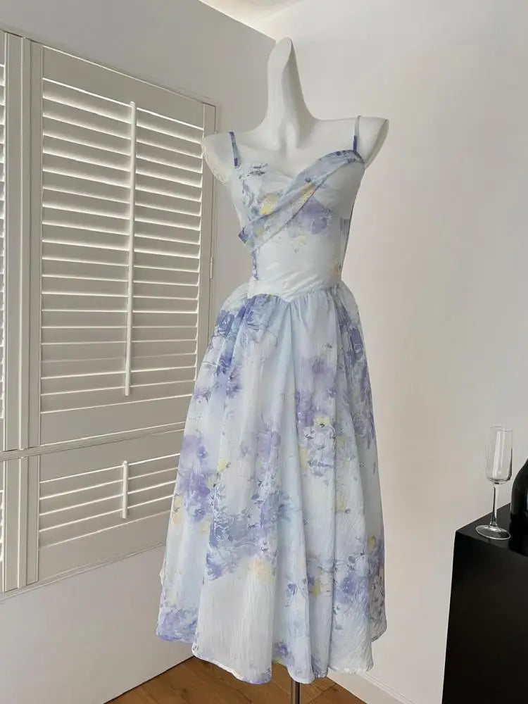 Summer French Blue Pink Flower Slim Backless Slip Long Dress Women Vintage Elegant Sexy Sleeveless High Waist Party Dress Ladies