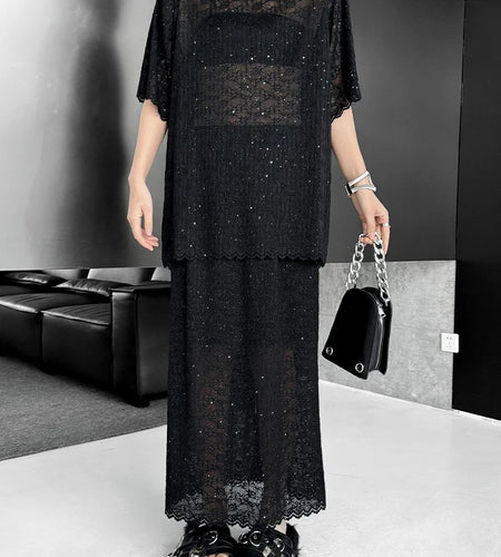 Black Lace T-shirt Back Slit Skirt Two Pieces Suit New Round Neck Short Sleeve Women Fashion Spring Summer 2025 1DJ1159
