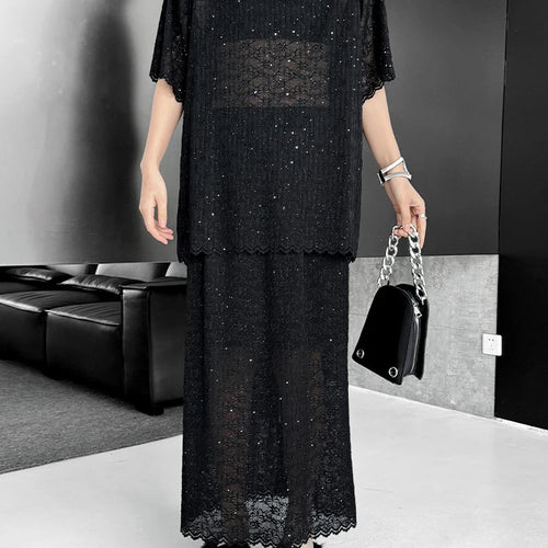 Load image into Gallery viewer, Black Lace T-shirt Back Slit Skirt Two Pieces Suit New Round Neck Short Sleeve Women Fashion Spring Summer 2025 1DJ1159
