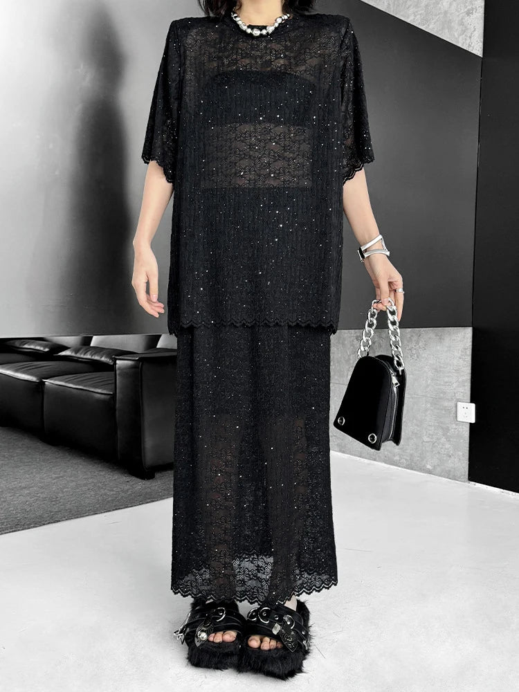 Black Lace T-shirt Back Slit Skirt Two Pieces Suit New Round Neck Short Sleeve Women Fashion Spring Summer 2025 1DJ1159