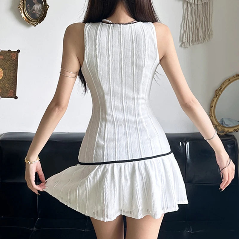 Summer Sleeveless White Women Dress Mini Tie-Up Stitching Sundress Korean Fashion Sweet Girls A-Line Dresses Outfits