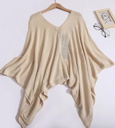 French Vintage Beige V Neck Loose Irregular Versatile Knit T Shirt Summer Women Half Sleeves Pullover Tops Casual Clothing Trend